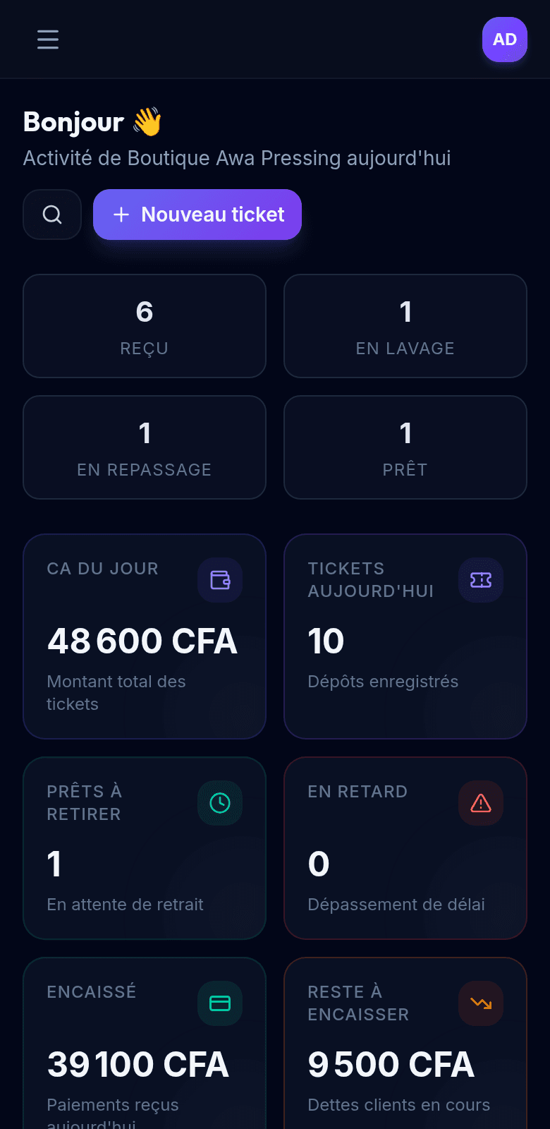 ng-pressing sur mobile : le tableau de bord réel affiché sur smartphone
